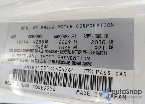 2016 Mazda Mazda6 I Touring z USA, uszkodzony, nr VIN JM1GJ1T55G1404764